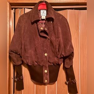 Marciano goat leather burgundy suede moto jacket Gold snaps detailed sleeves XS